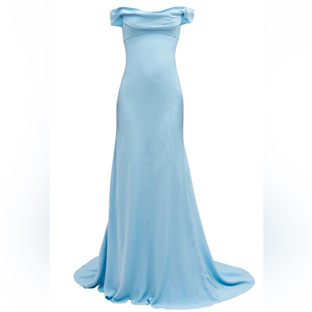Monique Lhuillier Collection Draped Off-The-Shoulder Silk Gown Blue Maxi Dress